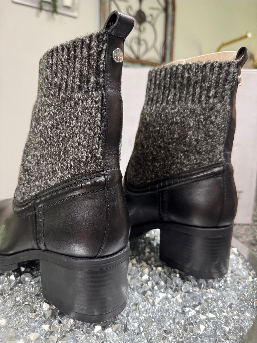 Nine West Black leather Ankle Boots with Gray Knit Cuff NWT 8.5 - Picture 5 of 13